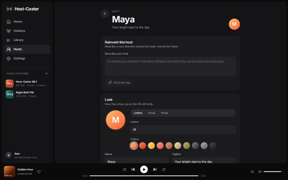 Designing a host: who they are, how they talk, energy, humor, catchphrases and favorite topics