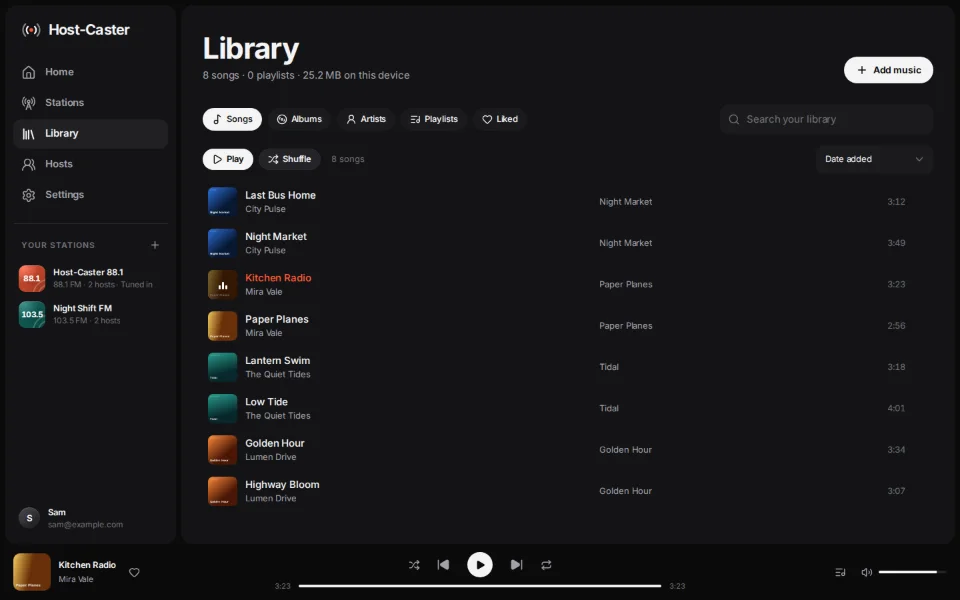 The library: songs with covers, albums, artists, playlists and liked songs