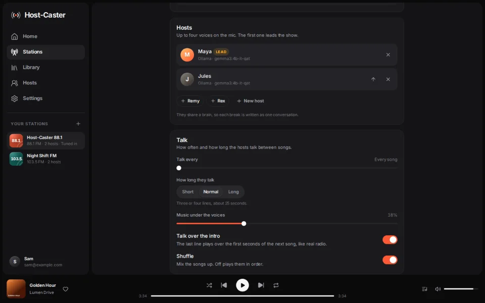 Setting up a station: two hosts sharing a brain, how often and how long they talk, music under the voices